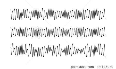 Sound wave signals set. Black audio track beats diagram collection. Voice or music sample concept. Pulse lines. Electronic radio graphics with different frequency and amplitude. Sound wave signals set. Black audio track beats diagram collection. Voice or music sample concept. Pulse lines. Electronic radio graphics with different frequency and amplitude. 98173979