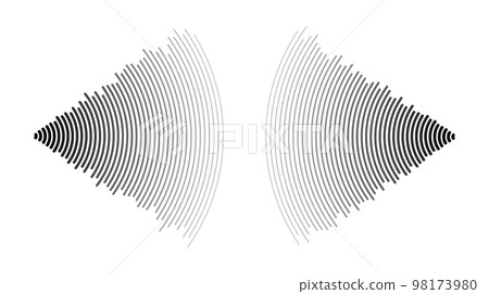 Sound wave echo. Radio or music audio signals. Epicentre or radar icons. Radial signal or vibration elements. Impulse curve lines. Concentric ripple semi circle.  98173980