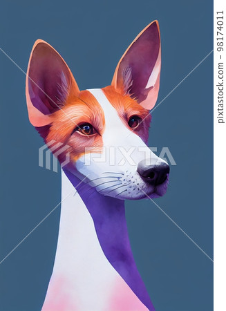 Funny adorable portrait headshot of cute doggy. Smooth Fox Terrier dog breed puppy, standing facing front. Looking to camera. Watercolor imitation illustration. AI generated vertical artistic poster. 98174011