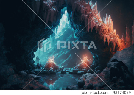 洞穴奇幻插畫水晶礦山 98174059