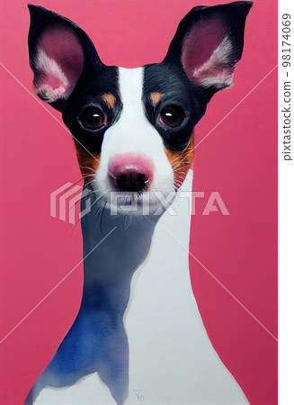 Funny adorable portrait headshot of cute doggy. Rat Terrier dog breed puppy, standing facing front. Looking to camera. Watercolor imitation illustration. AI generated vertical artistic poster. Funny adorable portrait headshot of cute doggy. Rat Terrier dog breed puppy, standing facing front. Looking to camera. Watercolor imitation illustration. AI generated vertical artistic poster. 98174069