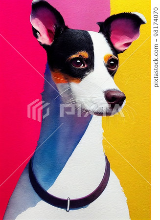 Funny adorable portrait headshot of cute doggy. Rat Terrier dog breed puppy, standing facing front. Looking to camera. Watercolor imitation illustration. AI generated vertical artistic poster. 98174070