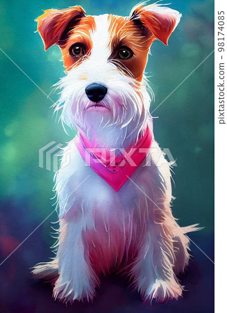 Funny adorable portrait headshot of cute doggy. Parson Russell Terrier dog breed puppy, standing facing front. Looking to camera. Watercolor imitation illustration. AI generated vertical artistic Funny adorable portrait headshot of cute doggy. Parson Russell Terrier dog breed puppy, standing facing front. Looking to camera. Watercolor imitation illustration. AI generated vertical artistic 98174085