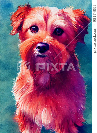Funny adorable portrait headshot of cute doggy. Norfolk Terrier dog breed puppy, standing facing front. Looking to camera. Watercolor imitation illustration. AI generated vertical artistic poster. 98174092