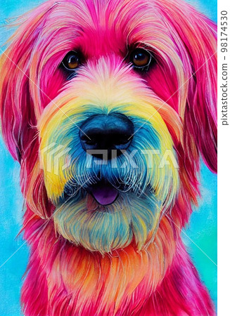 Funny adorable portrait headshot of cute doggy. Briard dog breed puppy, standing facing front. Looking to camera. Watercolor imitation illustration. AI generated vertical artistic poster. Funny adorable portrait headshot of cute doggy. Briard dog breed puppy, standing facing front. Looking to camera. Watercolor imitation illustration. AI generated vertical artistic poster. 98174530