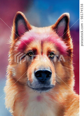 Funny adorable portrait headshot of cute doggy. Belgian Tervuren dog breed puppy, standing facing front. Looking to camera. Watercolor imitation illustration. AI generated vertical artistic poster. Funny adorable portrait headshot of cute doggy. Belgian Tervuren dog breed puppy, standing facing front. Looking to camera. Watercolor imitation illustration. AI generated vertical artistic poster. 98174538