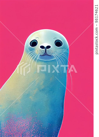 Funny adorable portrait headshot of cute seal. North American water animal standing facing front. Looking to camera. Watercolor imitation illustration. AI generated vertical artistic poster. 98174621