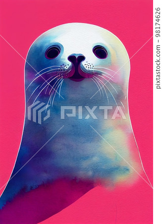 Funny adorable portrait headshot of cute seal. North American water animal standing facing front. Looking to camera. Watercolor imitation illustration. AI generated vertical artistic poster. 98174626
