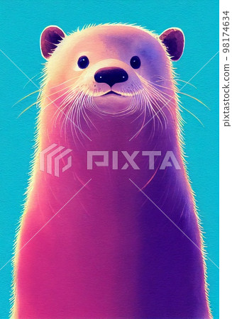 Funny adorable portrait headshot of cute river otter. North American water animal standing facing front. Looking to camera. Watercolor imitation illustration. AI generated vertical artistic poster. 98174634