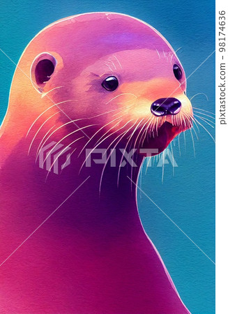 Funny adorable portrait headshot of cute river otter. North American water animal standing facing front. Looking to camera. Watercolor imitation illustration. AI generated vertical artistic poster. 98174636