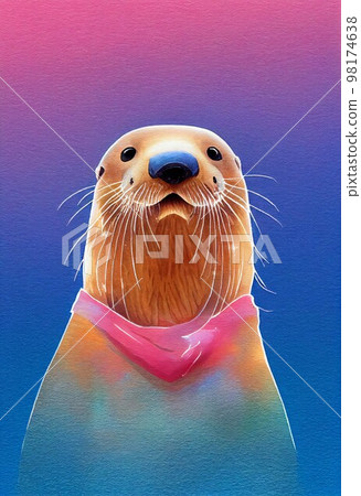 Funny adorable portrait headshot of cute river otter. North American water animal standing facing front. Looking to camera. Watercolor imitation illustration. AI generated vertical artistic poster. 98174638
