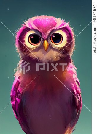 Funny adorable portrait headshot of cute owl bird. North American flying animal standing facing front. Looking to camera. Watercolor imitation illustration. AI generated vertical artistic poster. 98174674