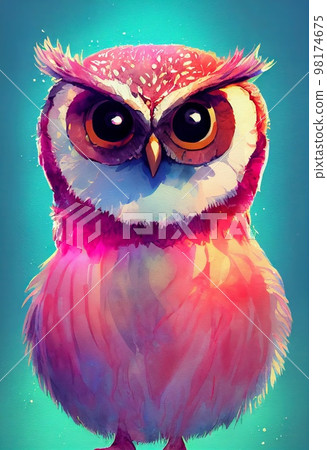 Funny adorable portrait headshot of cute owl bird. North American flying animal standing facing front. Looking to camera. Watercolor imitation illustration. AI generated vertical artistic poster. 98174675
