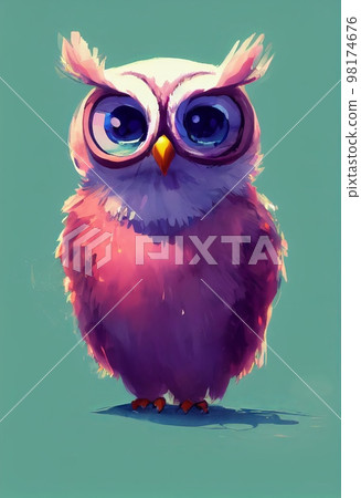 Funny adorable portrait headshot of cute owl bird. North American flying animal standing facing front. Looking to camera. Watercolor imitation illustration. AI generated vertical artistic poster. 98174676