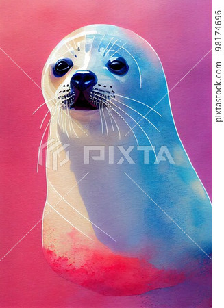 Funny adorable portrait headshot of cute harbor seal. North American water animal standing facing front. Looking to camera. Watercolor imitation illustration. AI generated vertical artistic poster. Funny adorable portrait headshot of cute harbor seal. North American water animal standing facing front. Looking to camera. Watercolor imitation illustration. AI generated vertical artistic poster. 98174696
