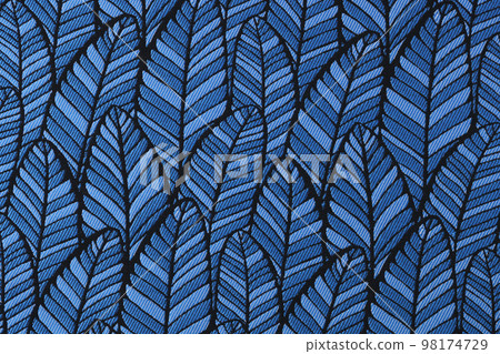 Blue fabric with leaves pattern. 98174729