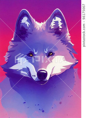 Funny adorable portrait headshot of cute grey wolf. North American land animal standing facing front. Looking to camera. Watercolor imitation illustration. AI generated vertical artistic poster. 98175007