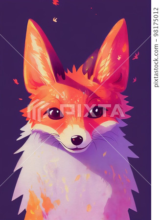 Funny adorable portrait headshot of cute fox. North American land animal standing facing front. Looking to camera. Watercolor imitation illustration. AI generated vertical artistic poster. 98175012