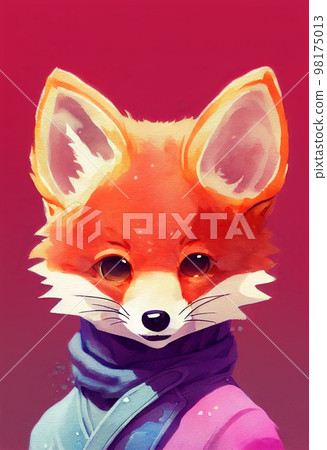 Funny adorable portrait headshot of cute fox. North American land animal standing facing front. Looking to camera. Watercolor imitation illustration. AI generated vertical artistic poster. Funny adorable portrait headshot of cute fox. North American land animal standing facing front. Looking to camera. Watercolor imitation illustration. AI generated vertical artistic poster. 98175013