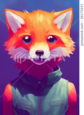 Funny adorable portrait headshot of cute fox. North American land animal standing facing front. Looking to camera. Watercolor imitation illustration. AI generated vertical artistic poster. Funny adorable portrait headshot of cute fox. North American land animal standing facing front. Looking to camera. Watercolor imitation illustration. AI generated vertical artistic poster. 98175015