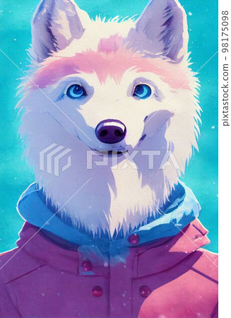 Funny adorable portrait headshot of cute arctic wolf. North American land animal standing facing front. Looking to camera. Watercolor imitation illustration. AI generated vertical artistic poster. 98175098