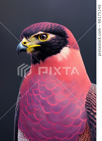 Funny adorable portrait headshot of cute peregrine falcon bird. European flying animal facing front. Looking to camera. Watercolor imitation illustration. AI generated vertical artistic poster. 98175148