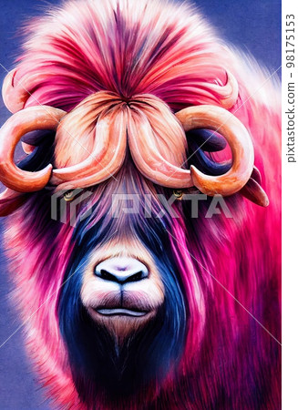Funny adorable portrait headshot of cute muskox. European land animal standing facing front. Looking to camera. Watercolor imitation illustration. AI generated vertical artistic poster. Funny adorable portrait headshot of cute muskox. European land animal standing facing front. Looking to camera. Watercolor imitation illustration. AI generated vertical artistic poster. 98175153