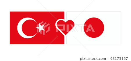 日本和土耳其之間的友好關係。日本國旗、土耳其國旗和心形標記圖標集。向量。 98175167