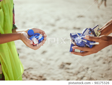 Cleaning, plastic and hands of volunteer at beach for recycle, environment or earth day. Recycling, sustainability and climate change with charity team and trash for pollution, eco friendly and help Cleaning, plastic and hands of volunteer at beach for recycle, environment or earth day. Recycling, sustainability and climate change with charity team and trash for pollution, eco friendly and help 98175326
