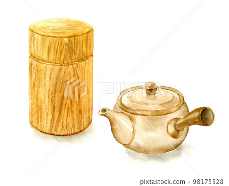 茶葉罐和茶壺的水彩插圖 98175528