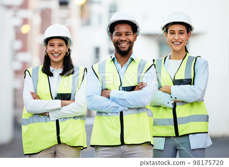 Vision, innovation and proud construction worker team happy with collaboration and goal at building site. Diversity, partnership and leader in design and architecture by excited people in solidarity Vision, innovation and proud construction worker team happy with collaboration and goal at building site. Diversity, partnership and leader in design and architecture by excited people in solidarity 98175720