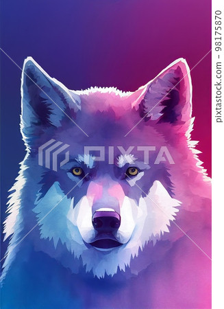 Funny adorable portrait headshot of cute grey wolf. European land animal standing facing front. Looking to camera. Watercolor imitation illustration. AI generated vertical artistic poster. 98175870