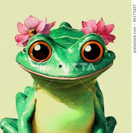 Funny adorable portrait headshot of cute frog. European land animal standing facing front. Looking to camera. Watercolor imitation illustration. AI generated vertical artistic poster. 98175887