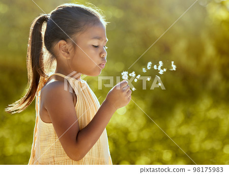 Child, girl or blowing dandelion flower in summer garden, nature park or sustainability environment in wish, hope or freedom. Kid, youth or field spring plant in motion in relax backyard Child, girl or blowing dandelion flower in summer garden, nature park or sustainability environment in wish, hope or freedom. Kid, youth or field spring plant in motion in relax backyard 98175983