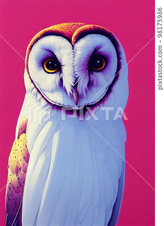 Funny adorable portrait headshot of cute barn owl bird. European flying animal standing facing front. Looking to camera. Watercolor imitation illustration. AI generated vertical artistic poster. Funny adorable portrait headshot of cute barn owl bird. European flying animal standing facing front. Looking to camera. Watercolor imitation illustration. AI generated vertical artistic poster. 98175986