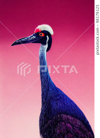Funny portrait headshot of cute Australian Southern Cassowary bird. Australian flying animal standing facing front. Watercolor imitation illustration. AI generated vertical artistic poster. 98176125