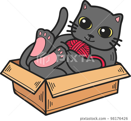 Hand Drawn cat playing with yarn in a box illustration in doodle style 98176426
