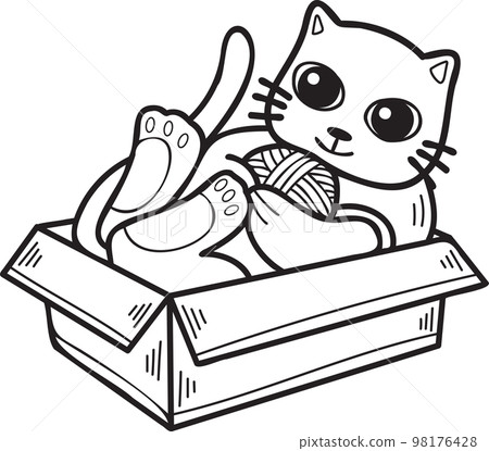 Hand Drawn cat playing with yarn in a box illustration in doodle style Hand Drawn cat playing with yarn in a box illustration in doodle style 98176428