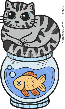 Hand Drawn striped cat on Fish Bowl illustration in doodle style 98176429