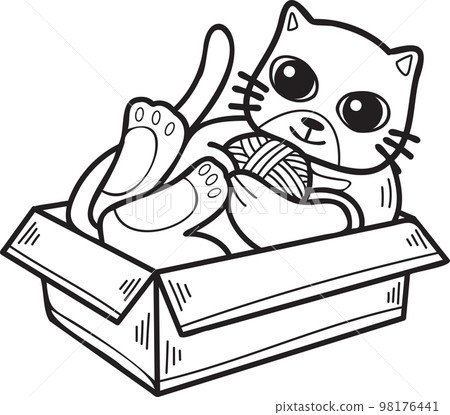 Hand Drawn cat playing with yarn in a box illustration in doodle style Hand Drawn cat playing with yarn in a box illustration in doodle style 98176441