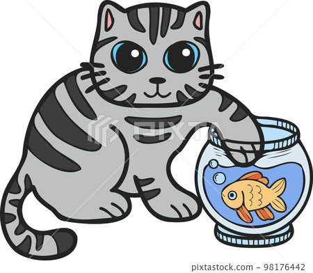 Hand Drawn striped cat playing with fish illustration in doodle style Hand Drawn striped cat playing with fish illustration in doodle style 98176442