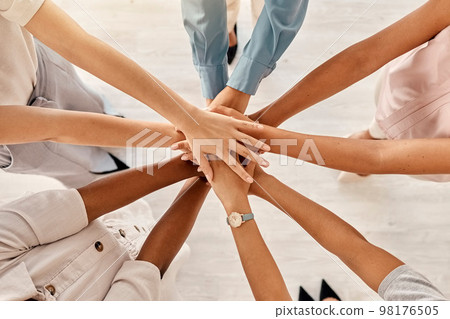 Support, community and teamwork with hands of business people for training, goals and management. Collaboration, mission and vision with employee in circle for diversity, networking and workshop 98176505