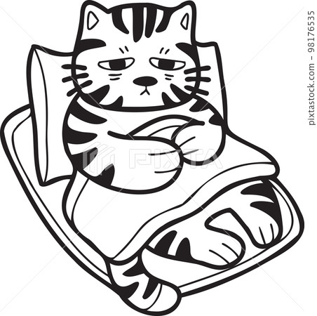 Hand Drawn sick striped cat sleeping on pillow illustration in doodle style 98176535