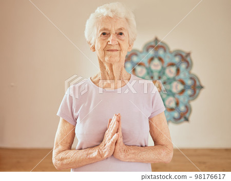 Yoga, meditation and senior woman with peace in the gym, zen and calm during training in Sweden. Fitness, freedom and portrait of a elderly female with exercise for mind and spiritual wellness 98176617