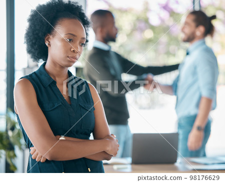 Black woman, corporate and sad thinking of career promotion failure or decline in office. Unhappy, worry and doubt of girl employee at workplace distracted with bad thoughts of rejection. 98176629