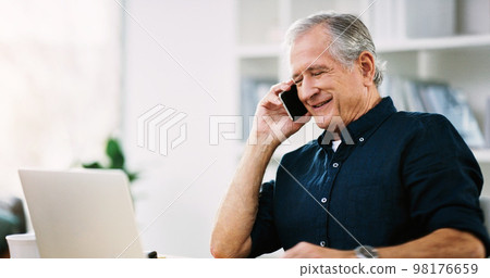 Laptop, phone call and business man in office for corporate communication, social networking and online company sales negotiation. Senior professional businessman talking on cellphone voip technology 98176659