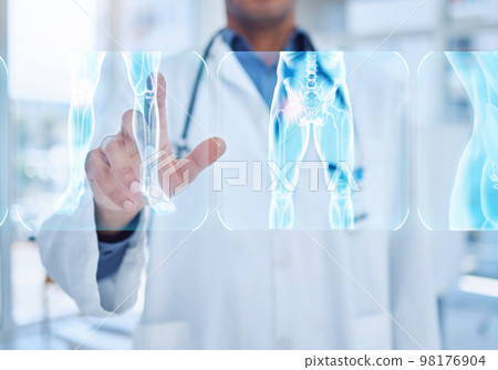 Doctor, man or hands and 3D xray of abstract body scan, injury or skeleton ai in surgery, cancer research or hospital healthcare science. Zoom, x ray or medical interface of bone vr in human hologram 98176904