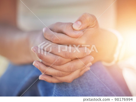 Woman, hands clasped and nervous depression, anxiety or mental health in psychology crisis, problem or bipolar risk. Zoom, prayer fingers or person with stress, burnout counseling help or mind trauma 98176994