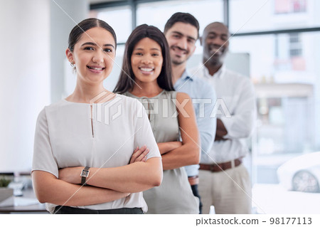 Pride, teamwork and portrait of business people in corporate with smile for partnership, collaboration and trust at work. Support, diversity and employees with arms crossed at a startup in a line 98177113