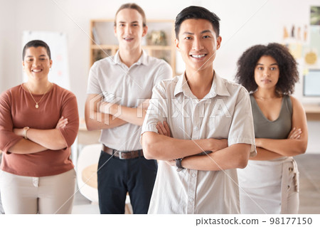 Teamwork, leadership and diversity in business people working at a corporate company. Collaboration, partnership and portrait of professional employees with arms crossed and pride in marketing career 98177150